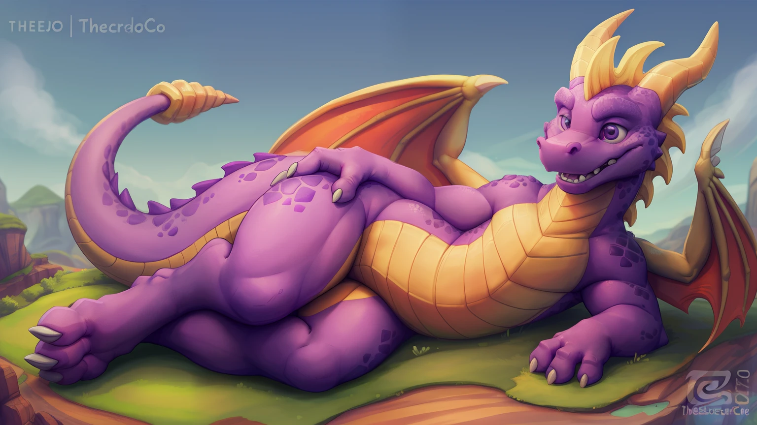 Macro, Spyro the dragon,(((detailed eyes, detailed face))), soft Belly, thick Tail bottom, vore, Wide hips, close up con Tail bottom, spyro world background, green grass, flying islands, blue sky, purple pupils, young, feral, skinny, yellow horns, Uploaded to e621.net, (by thesecretcave, by tojo the thief), wings, male, (cp2dragon nude), lying down from side, back, quadripedal, thick thighs, (cute), (soft shading), 8k, UHD, masterpiece, ((thick tail))