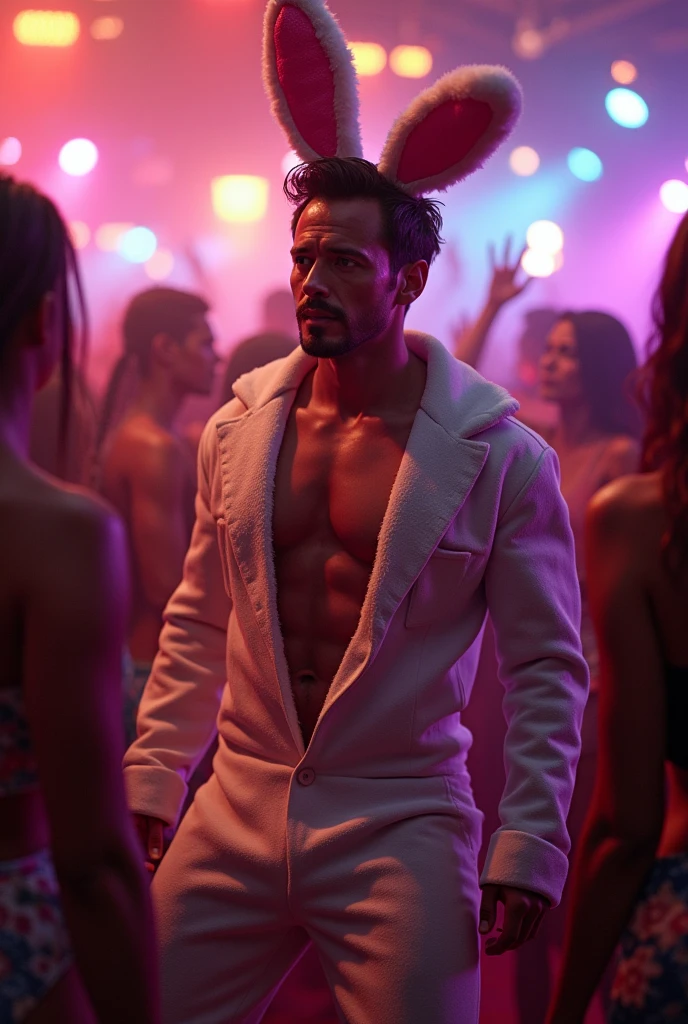 (Far distance camera angle),Very handsome man is walking at the crowded clubs watching some one, perfect lightings, smokey rooms, so many man and girls dancing and loughting, depth of field, first-person view, f/1.8, 135mm, Nikon, UHD, retina, masterpiece, ccurate, anatomically correct, textured skin, super detail, high details, high quality, best quality, highres, 1080P, HD, 4K, 8k