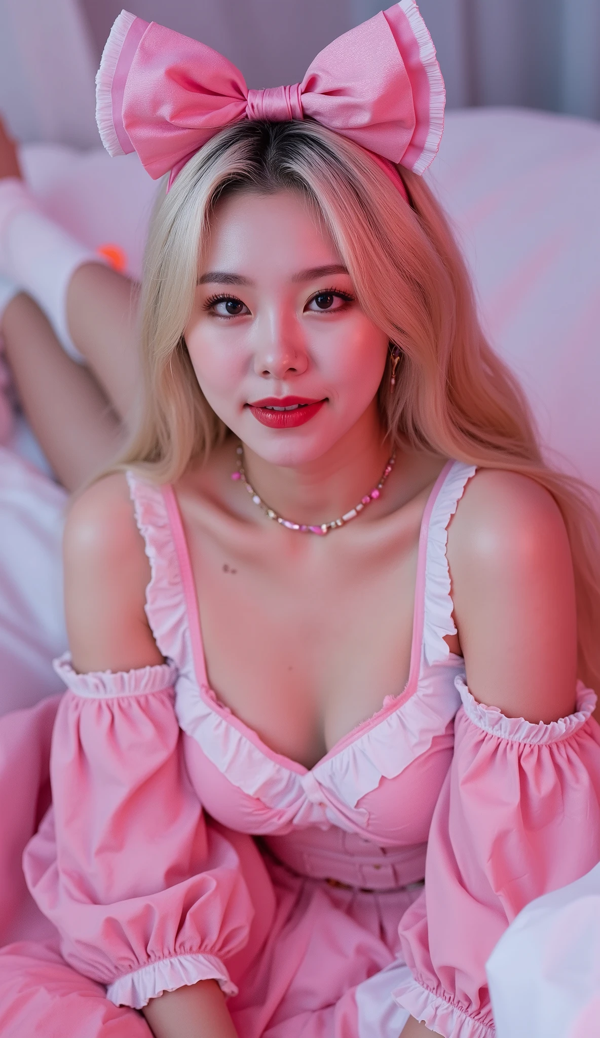 ((masterpiece:1.3)), (photorealism:1.3), extremely detailed texture, best quality, 16k, detailed background, 1 korean slender woman, beautiful university student, very white skin, beautiful face, detailed image, light blonde long hair, large pink hair ribbon on head, earrings, heavy makeup, red lips, smokey eyes makeup, wearing pink and white short open shoulders ta dress with full skirt, thin pink leather belt on waist, wearing white tights, pink cute lolihoes, Lying on the bed and tempting, seducing posture, flushed face with lovely smile, full body portrait, smooth lighting, neon lighting, NSFW, full body, from above, wh3ein