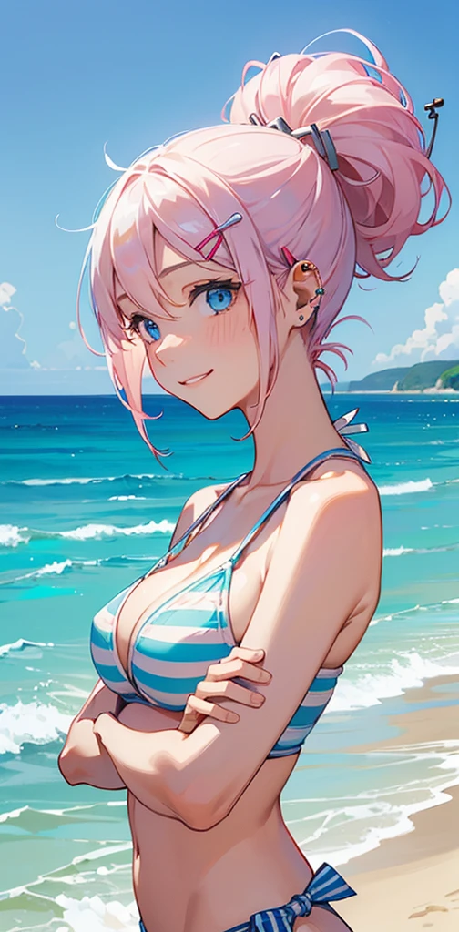 ((masterpiece, high quality, high resolution, absurd, super detailed, High saturation、8k)),real,upper body,(bikini:1.5),(1girl), (stand),seductive smile,cute face、beautiful eyes、pink hair、 (on the beach)、zydG