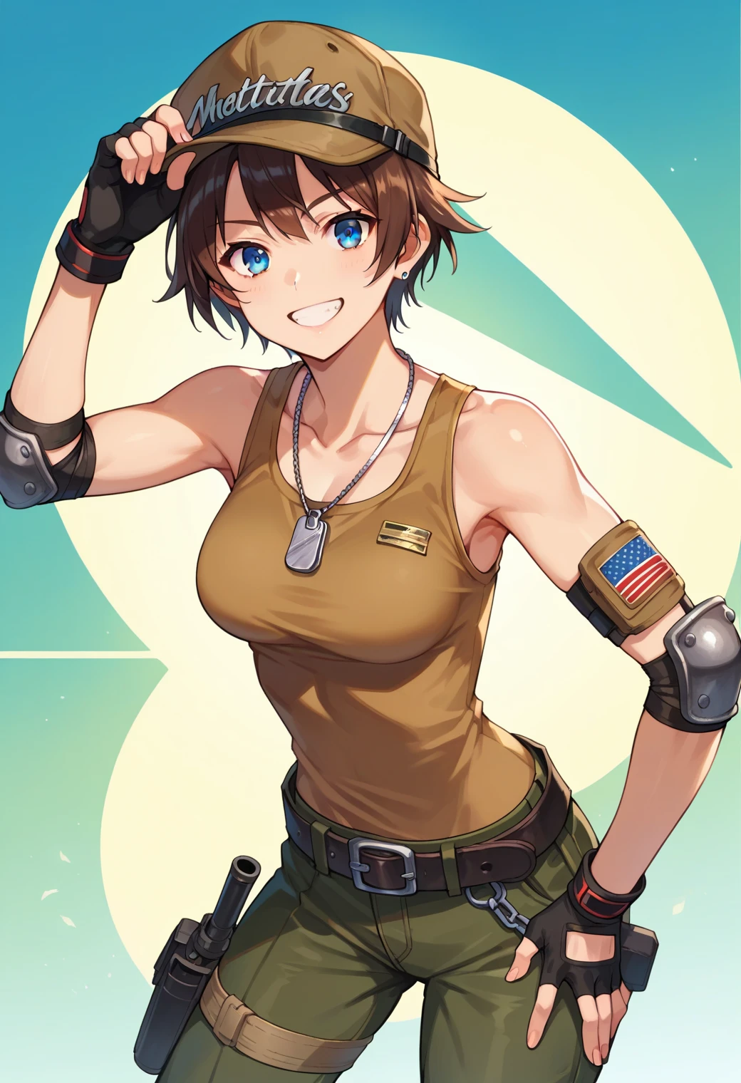best quality, masterpiece, 1 mechanic girl, smiling, (wearing bikini-top with jacket, khaki cargo pants:1.4), gloves, (light brown ponytail hair with bangs:1.3), (sweating a lot:1.4), (contrapposto, hands down:1.3), factory, (small breast, cleavage, underboob:1.3)
