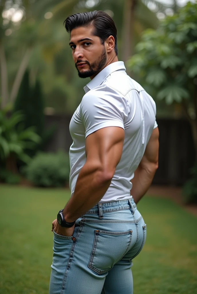 (((Muscular man))) masterpiece, best quality, high resolution, closeup portrait, male focus, solo focus, A man, 50 years old, grey hair, soccer player, football player, grey silver hair, messy hairstyle, cute and seductive face, bare chest, body hair, facial hair, roman nose, , hairy legs, cute, dimples, goatee and mustache, bold jawline , full body, sweaty, in the background an outdoor soccer football field, amazing composition, , HDR, ultra quality, elegant, highly detailed,, beautiful asd, realisric male genitalia (((Big muscles))) (((beige jeans))) backside