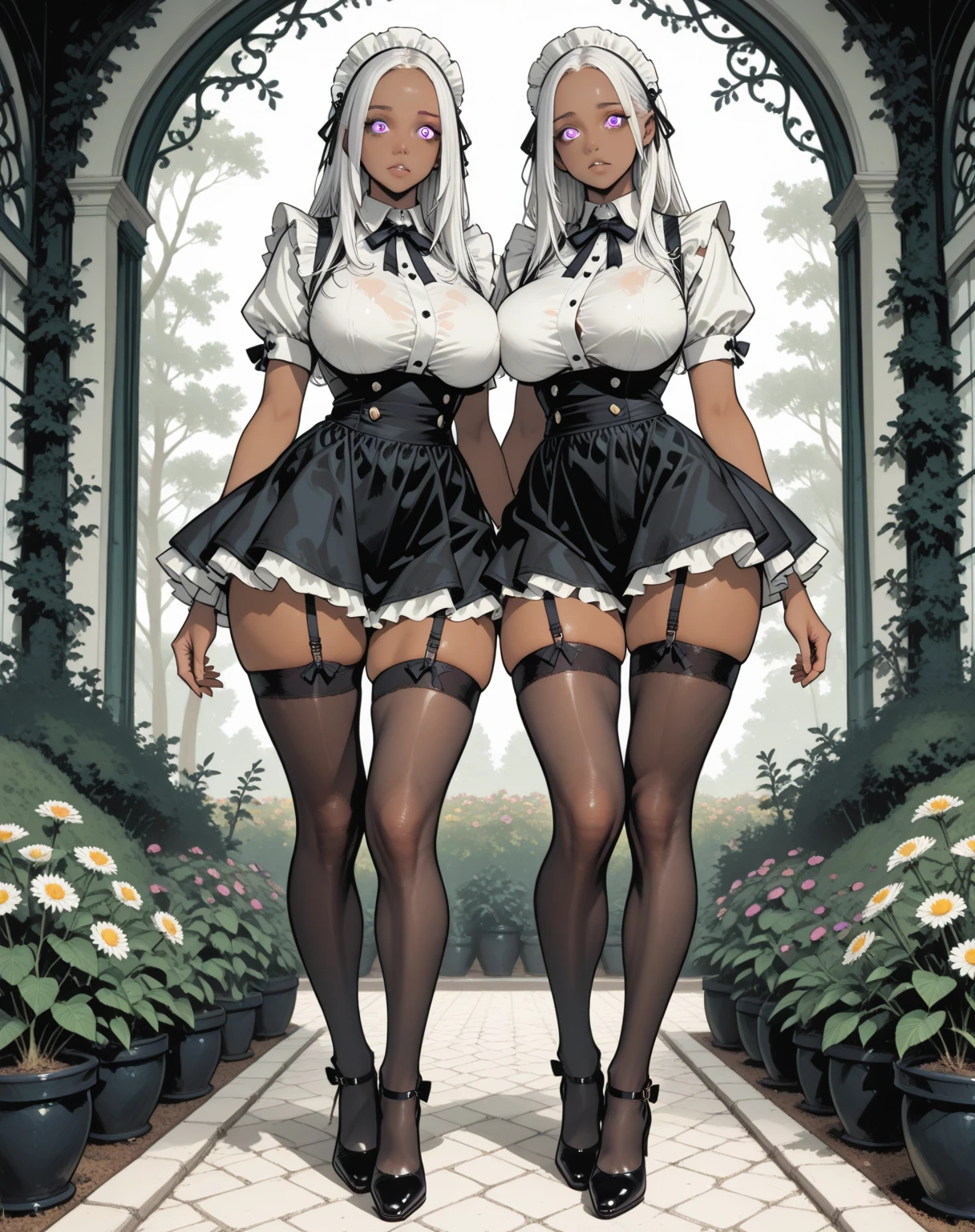 ((best quality)), ((masterpiece)), (detailed), lacy white bra, white lace stockings, white thong, 2 smug demon girl, red skin, black onyx horns, piercing obsidian colored eyes, sleek and curly waist length black hair, young slender and slim girl with mouthwatering curves, 16 years old, big breasts, 2 twins (one white hair, one black hair), solo, beautiful seductive features, sexy lighting, S-shaped body, tall height, toned body, heart shaped tail protruding out her back, sexy lace lingerie accentuating her succulent heart shaped ass, cowboy shot,