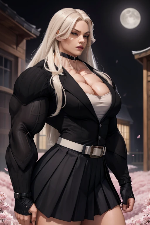 ((Close-up)), tall, (White hair) beautiful muscular woman, long straight hair, light brown skinned, closed smile, (black lipstick), (massive muscles), (hyper muscle), ((ginormous bulky muscles)), glowing blue eyes, (((black long sleeve pleated shirt))), ((formal pants)), (fingerless gloves), (carrying a baseball bat), (neck tie), boots, night in Japan alley,