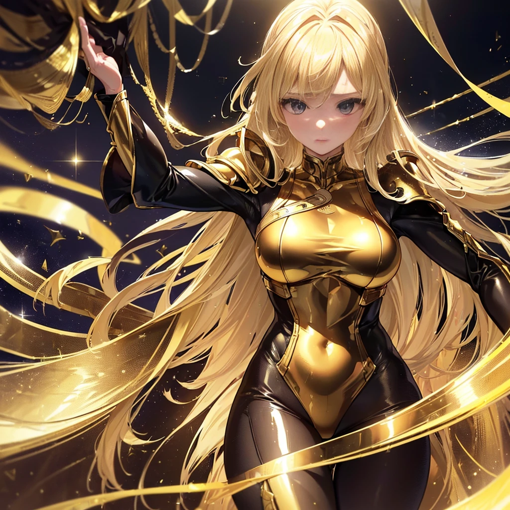 golden light, fashion show, 1 girl, intricate details, black suit, girl, long yellow hair,