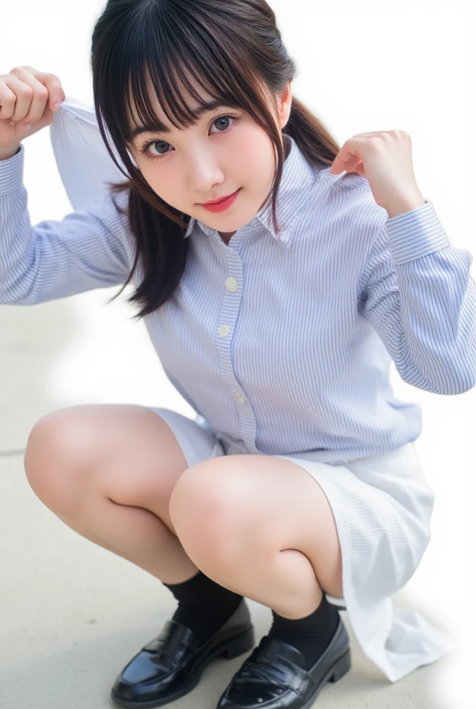 (1girl, sharp focus solo), (full body portrait image:1.4), (Masterpiece, Super photo realistic, Super details, Super Highest Quality, Super Highest photo realistic), super cute and beautiful girl, (erotic atmosphere:1.3), You are a professional photographer Photographing my girlfriend, Very Japanese gal, Wearing plaid pleat mini skirt, False eyelashes, Pearl pink glossy lips, Unbuttoned white shirt, (kawaii erotic girl:1.3), (yellow eyes:1.4), round chest, (Wider at the hem flabby large in size Super Loose Socks:1.4), (loafer), (An innocent -yeld cuJapanese girl:1.4), (skin fang:1.4), Very happy smile, Extremely Realistic, open mouth, half close eyes, slim waist, open front shirt, (tanned skins:1.4), slim beautiful legs), a girls incoming, black pupils, dark brown color hair style, high school gal, (torogao:1.4), big eyes, open mouth, dark brown hair color, two side up hair style, hair pin, (cute Asian gal:1.4), (wide stans legs standding:1.4), white bangs,