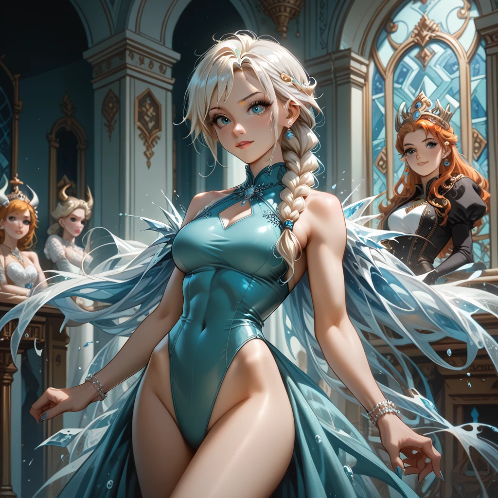 Masterpiece, Best Quality, Girls looking at each other , Slender, Blue Eyes, Hair Color, Iridescent, Long Hair Spreading, White Skin, Medium, Cute, Sexy, Near Future, Bikini, Exposed Skin, Night, Psychedelic, Trip, Extreme Color, Paisley Theme, Open Legs, Mechanical Left Arm, Full Body