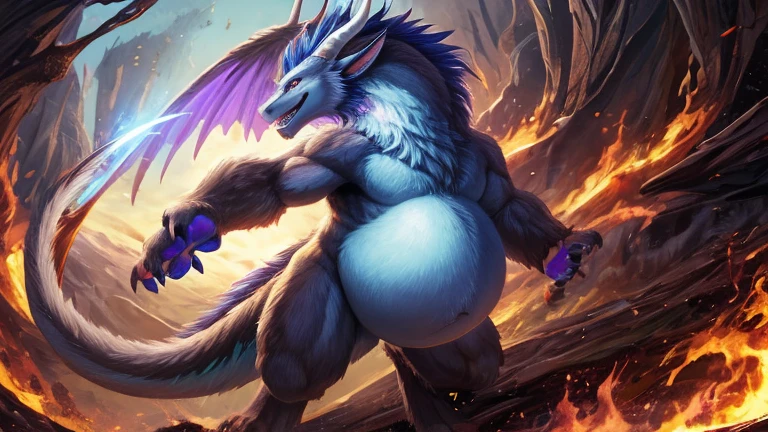 a giant gigantically muscular white anthro sergal knight, pieces of shiny silver kniht armour,silver shoulder plates, his gigantic hyper giant penis and balls bulge out of loincloth,, shiny velvet fur, he has huge round pecs, , massive arms, big thick thighs, broad shoulders. belly , legs wide, small head, huge black glossy nipples pierced, big long tail, muzzle tied shut with strap, dark dungeon, holding longsword, splattered with blood, dynamic pose, side view, wide angle lens, by darkgem