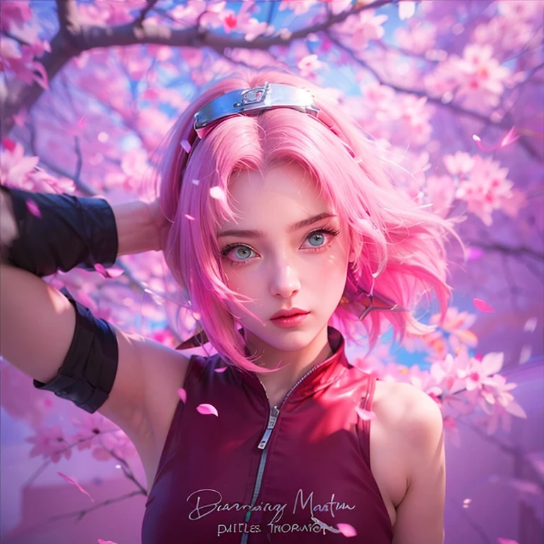 1girl, (8k, RAW photo, best quality, masterpiece:1.2), (ultra highres:1.0),detailed illustration, (real person,fashion photography portrait,photograph), detailed, detailed beautiful skin, (realistic, photo-realistic:1.37), SakuraNS, solo, professional lighting, pink dress with flower), village, east asian architecture, trees, village hidden in the leaves background,looking_at_viewer, smile, forehead flower,red_hairband,pink hair,green eyes,mitain,toeless footwear,kunai,facial mark,konohagakure symbol,fighting_stance,fence,ninja,adjusting gloves,sleeveless,cleavage