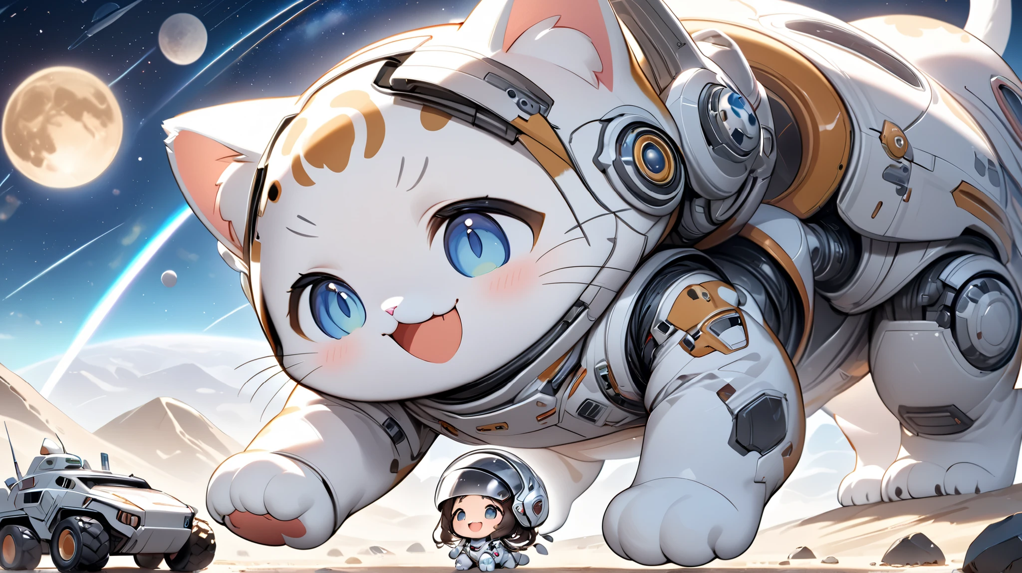 (masterpiece), (ultra-detailed:1.3), best quality, clear focus, dramatic scene, cinematic, shadow, (ultra-high resolution:1.3), (8k:1.3), perfect anatomy, perfect face, (detailed face), (detailed eyes:1.2), (chibi:1.3), there are 1 girl\(chibi, famous Japanese chibi idol girl, very beautiful and cute but cool face, wearing a very cute space suits with transparent helmet, medium breasts\) and cute giant fat cat\(adorable giant fat mecha cat, cute cyborg cat, futuristic mecha armored, cute, big, tall, mewing, happy, smile, detailed, detailed eyes\), (the girl with space suits is riding on the cyborg cat shaped vehicle equipped with mechanical four cat's feet and discovering on the moon:1.2), the cyborg cat shaped large vehicle with large spherical transparent canopy, there are some rocks with sands on the moon, (a very cute futuristic armored giant cat vehicle is mewing with happy smile:1.3), (detailed cat:1.1), they looks so happy, happy smile, amazing view of huge earth with milky way