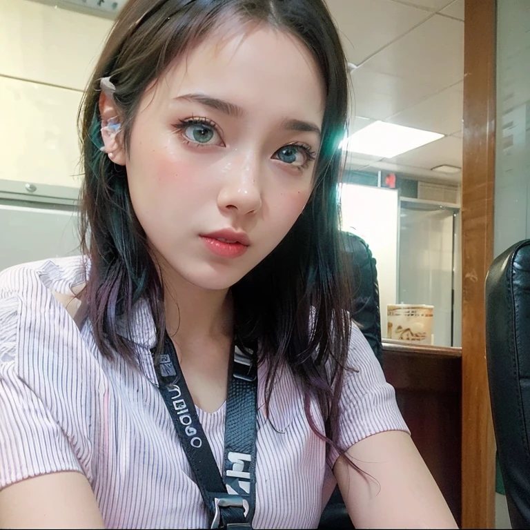 xoaeriel, a beautiful woman with wavy brown hair, ojos azules, nariz redonda, vistiendo ropa de dormir,falda blanca,top corto,medias blancas hasta el muslo,guantes rosas hasta el codo,hiperealista, sentada en un escritorio con una computadora, gamer aesthetic, y 2k aesthetic, y2k aesthetic, Computer aesthetics, lofi girl aesthetic, 2k aesthetic, cybernetic aesthetic, vibraciones de anime, estilo y2k, estilo y2k, ambiente ciberpunks, En frente de una computadora, ambiente ciberpunk, an aesthetic!, Game aesthetics