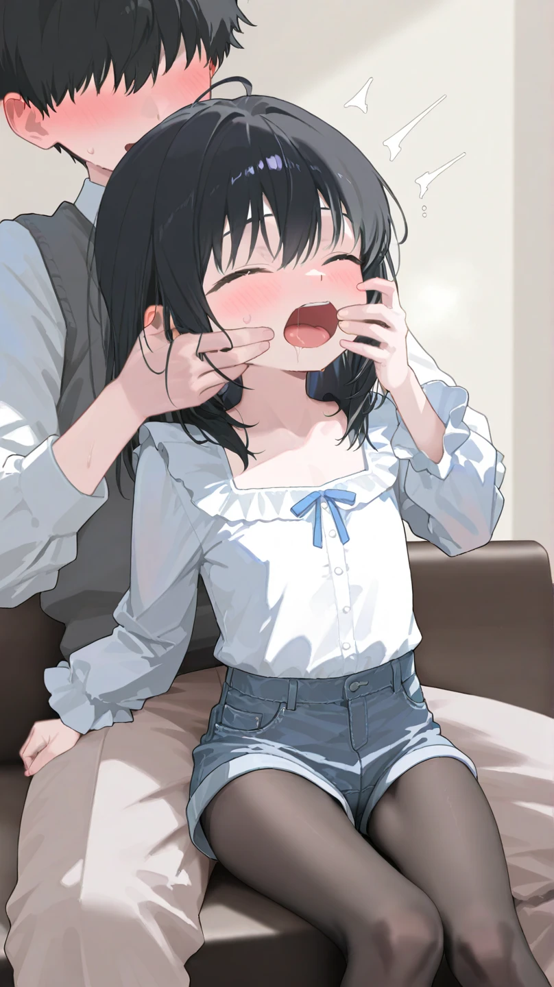 A , , is wearing a black shirt and tight black underpants. Her hair is black and her eyes are violet. She is very afraid and crying. She is standing in the hall of the house and there is an unknown person who is putting his entire finger into this child’s mouth. She is resisting in vain. She is wearing very tight black underpants that show a lot of her private parts. She also has small breasts. Lara's mouth produces a lot of saliva. The unknown person who inserts his entire finger into Lara's mouth appears to be 35 years old. Only his hands are visible. Lara is wearing black underwear and a black t-shirt.