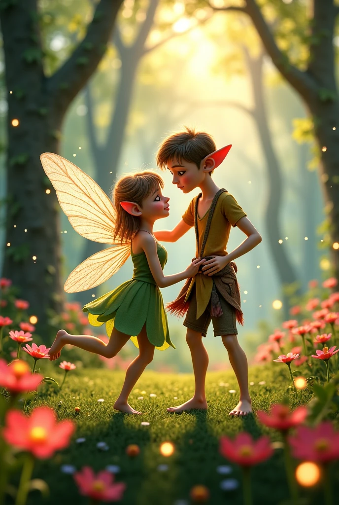 A tiny fairy with iridescent wings, hovering above a flower, talking to a surprised . The garden is filled with sparkling dust and magical light., purple theme