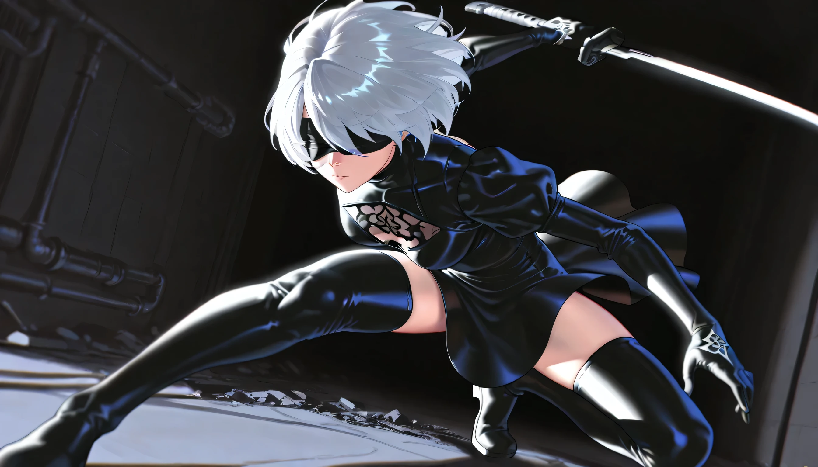 (4k,8k,highres,obra-prima:1.2),Ultra detailed, intricate detail, high costura, dramatic lighting, cores frias, chiaroscuro, dynamic angle suit, focus on the face , dynamic pose, Katana Futuristica, 2b, silver hair, super detailed hair, blindfolded, vestido, short dress, Yorha 2B, PERFECT BREASTS, small breasts, round breasts, seios, bunda, thin waist, straight legs, pose squatting, crouched dress with one straight leg, thigh-high socks, abandoned plumbing in the background