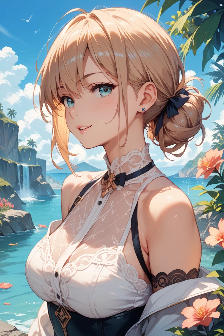 alishadef,side ponytail, drill hair, smile, 
BREAK (frilled bikini,white bikini,front-tie top:1.2),
BREAK from above, large breasts, belt, blush, village, field, hands behind back
BREAK (masterpiece:1.2), best quality, high resolution, unity 8k wallpaper, (illustration:0.8), (beautiful detailed eyes:1.6), extremely detailed face, perfect lighting, extremely detailed CG, (perfect hands, perfect anatomy),