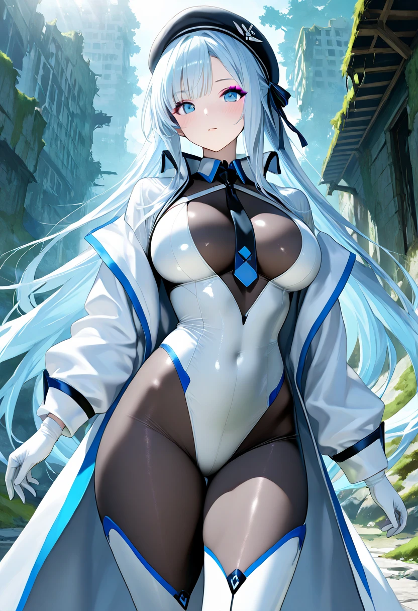 1 Girl, baby blue eyes, nose, eyebrow, ear, big white hair, blue hair locks, bangs, eye hair, sexy anime white rabbit outfit, big chest, thick legs, thick thigh, standing, scenery background, in a nightclub, colored lights, details in the environment, ultra detailed