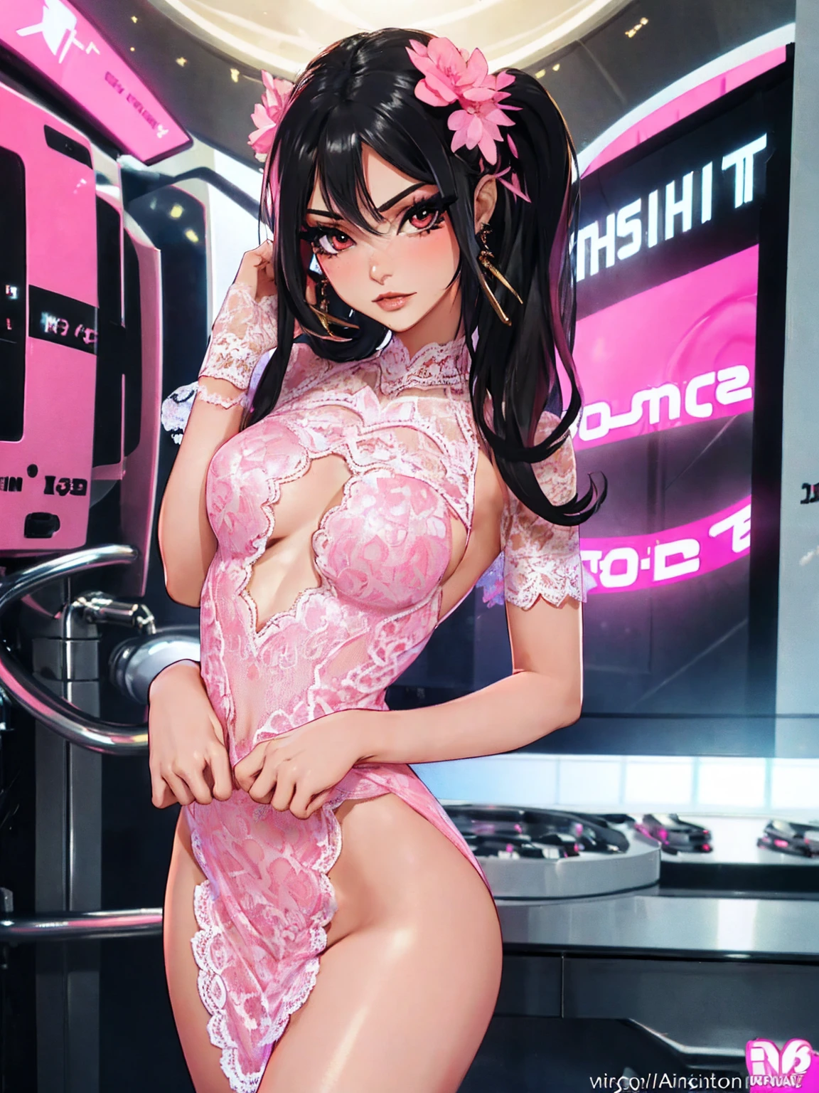(8K、Highest image quality、highest quality、masterpiece)、detailed face、((1 girl))、black hair、twintails、gray eyes、smile、small breasts、((pink bodycon))、cowboy shot、sit、pinsalo, scenery, fence, couch, indoors、indoor、pink lighting、