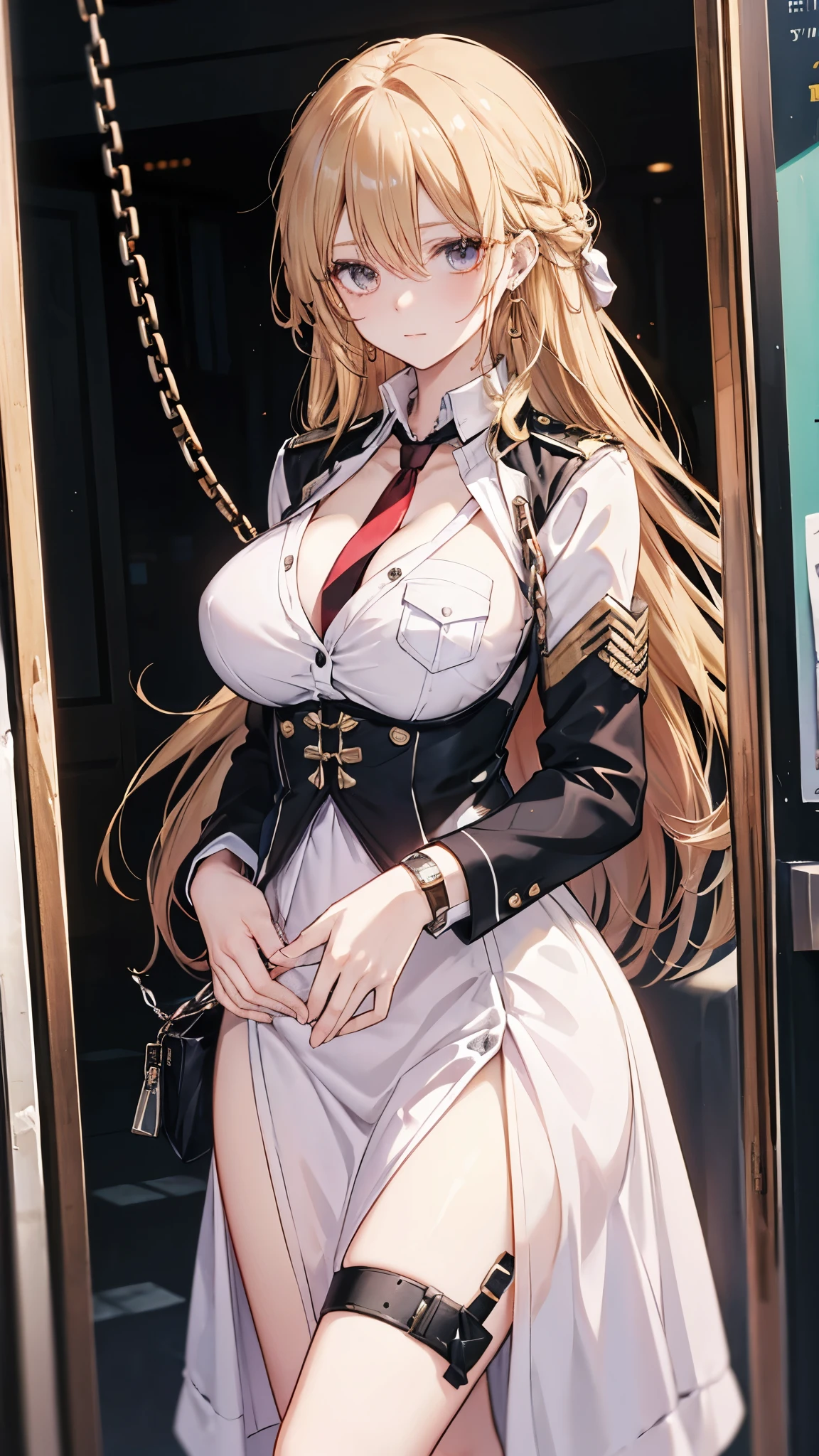 aiguillette, , blonde hair, ,necktie, shirt, white skirt, bondage, bound, bound wrists, breast pocket, caution tape, chain, chained, cleavage, cuffs, earrings, eyebrows visible through hair, fingernails, gloves, handcuffs, large breasts, lock, long fingernails, long hair, pencil skirt, piercing, pocket,uniform, prison clothes, shackles, , uniform, watch, wristwatch,long hair,护士