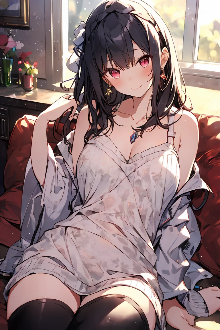 masterpiece, yor, 1girl, Amazing Cleavage:1.3, thin waist, big ass, Raised sexy, medium breast: 1.8 posed cleavage:1.2、solo, looking at viewer, open mouth, have a cup of coffee,black hair, red eyes, dress, bare shoulders, jewelry, collarbone, sidelocks, hairband, earrings, indoors, off shoulder, :o, sweater, arms behind back, plant, short hair with long locks, white hairband, off-shoulder dress, sweater dress, off-shoulder sweater, red sweater, big side hair, very long side hair,is rendered in (masterpiece: 1.2, best quality), with (ultra high resolution) and an exquisite (depth of field). This masterpiece is not only visually stunning but also tells, make of cake cooking ,in the kitchen