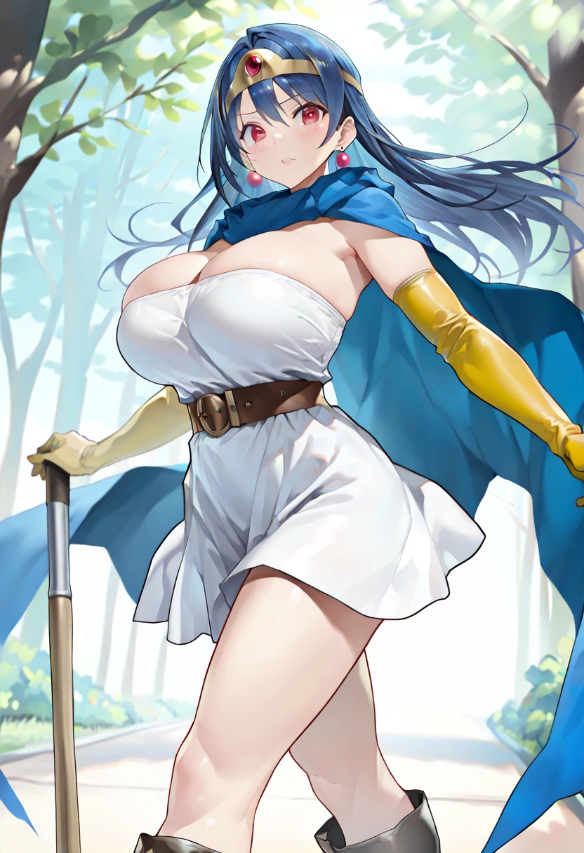 (masterpiece, best quality:1.1), sage_(dq3), 1girl, adjusting clothes, solo, blue hair, circlet, red eyes, large breasts, white dress, cleavage, elbow gloves, jewelry, boots,  belt, cape, staff, between legs, yellow footwear, <lora:DQ3Sage:0.7>
