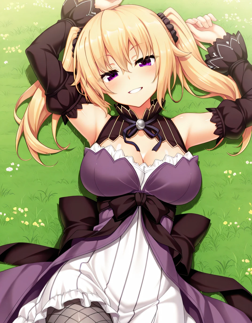 score_9, score_8_up, score_7_up, source_anime, slutty_clothes, gyaru, 1 girl, a beautiful female scarecrow, straw hair, long hair, pointy straw hat, black feathers in hat, bare shoulders, purple eyes, HazbinStyle, cartoon character, patchwork dress, black dress, black choker, cross pendant, black belt, black diamond shaped earrings, straw colored skin, (stitches on skin), (stitched mouth), stitched mouth smile, stitches on arms, stitches on face, stitches on neck, stitches on breasts, bracelets, cleavage, fully purple sclera, fingerless gloves, stockings, garter strap, standing in a field, highly detailed background, hi-res, masterpiece, volumetric lighting, detailed, perfect, perfection, beautiful eyes, detailed hands, no pupils
