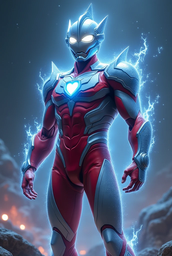s Ultraman,superheroes,Heroic gesture,Space warriors,Justice incarnate,Tall and mighty,Fine facial features,Dynamic energy flow,4K Ultra HD picture quality,high-contrast cinematic effects,huge shadows cast,dark sci-fi background,Cold and frozen atmosphere,electromagnetic pulse bursts,dazzling beam of light,extremely realistic texture,professional art painting