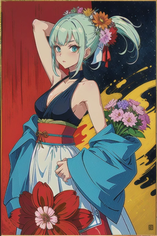 (ultra-Detailed background, Detailed background), Absurd , high resolution, Ultra Fine, Extremely detailed, 1girl, (A bouquet of flowers:1.3), (Zen painting:1.2), (Geometric:1.2),(Colorful),