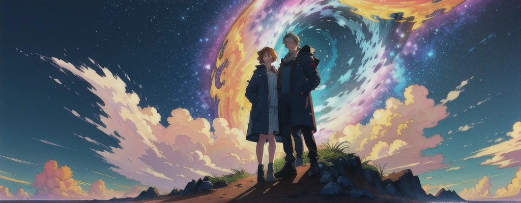 Masterpiece , Best Quality, extremely fine CG Unity 8k wallpaper, paper cut out, (detailed facial), Eye for detail, Bright Sky Nebula , 2 people, Idade: 16, One person standing on another person's shoulder