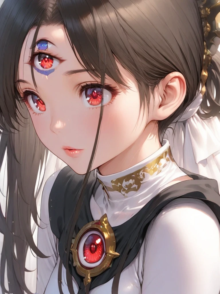 ((Best Quality)),( super high definition),(Super detailed),( detailed description ),((The best CG)),(masterpiece),(1girl,red eyes,iris,A third eye on the forehead,Beautiful glossy lips,medium Brest ),(Beautiful and detailed clothes),