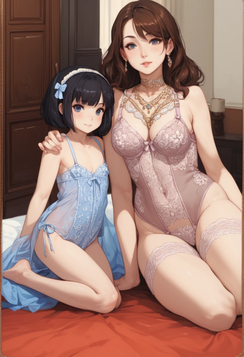 Mother and daughter Height difference Black Hair Shortcuts necklace tiara White bra White panties White tights royal palace