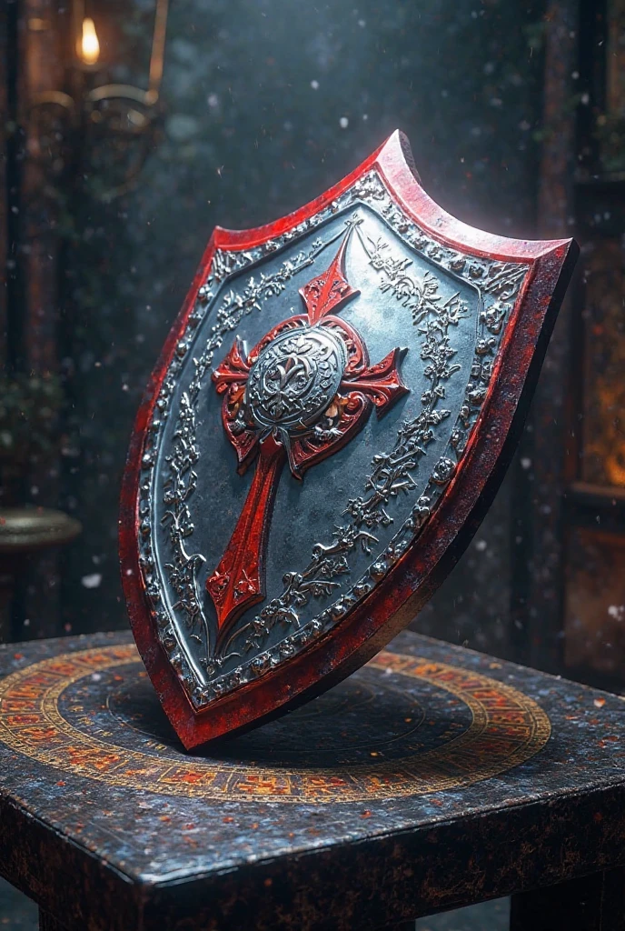 Create Yu-Gi-Oh style: a silver steel shield with red details on top of a magic table