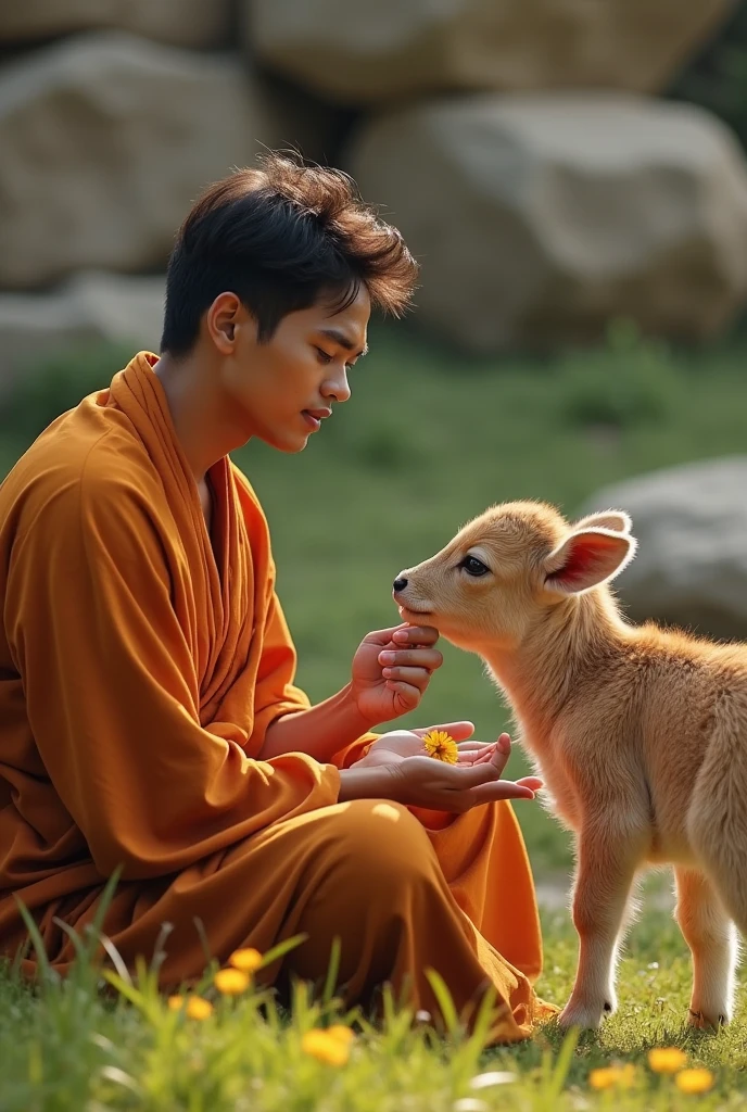 สร้างภาพ In a serene garden bathed in golden afternoon light, a 17-year-old Japanese-Irish man with gradient silver hair sits cross-legged on a soft, mossy patch, deeply focused on his breath, while a playful big goat, with its large horns glistening in the sun, nudges at his feet, yearning for attention; captured with a Canon EOS R5, 50mm f/1.2 lens, ISO 200, and a shutter speed of 1/200s, the image showcases the rich textures of the man's clothing and the big goat's horn, with dappled sunlight creating a warm, inviting atmosphere