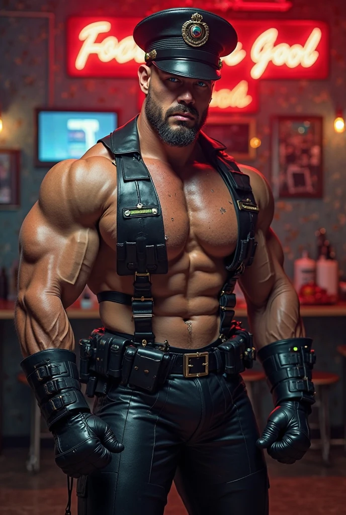 barret, dark skin male with gun arm and tattoo, sunglasses, shirtless , (jockstrap) , full body , black boots , laying spread legs