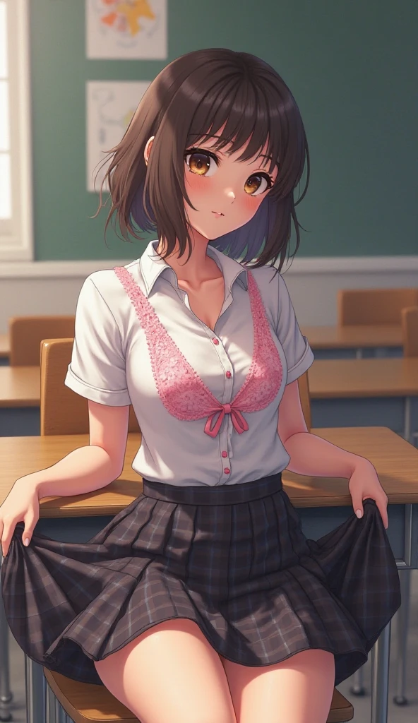 ((masutepiece, Best Quality, hight resolution, nffsw, Perfect Pixel, 4K, nffsw, nffsw))), 1girl in, Single, Solo, Beautie、full body seen、 ((Short Wave Hair, Bangs, Brown hair)), ((Brown-eyed, Beautiful eyelashes, Realistic eyes)), ((Detailed face, Blushing:1.2)), ((Smooth texture:0.75, Realistic texture:0.65, Photorealistic:1.1, Anime CG style)), medium breasts, Dynamic Angle, Perfect body, ((School uniform,  White shirt, Black skirt, Unbuttoned shirt、plaid skirts、I'm not wearing shoes、White Sox)), Classrooms without people、Sit on a desk、Lower&#39;I took my foot off the desk....................................、early evening、、、Very embarrassing panic smile、(Lift the skirt with your right hand、Open both legs、Open your knees wide、Light blue and yellow floral lace panties)、、(Cute floral bra)、Angle from below
