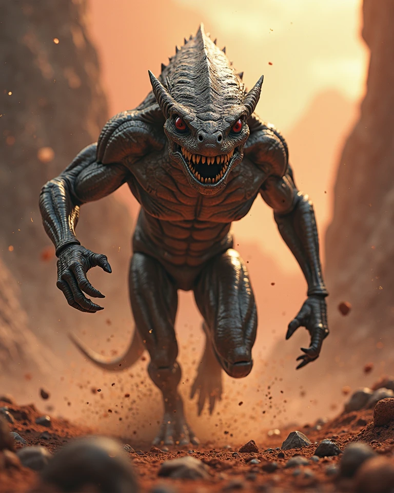 This is a digital image of the body of an Ant with a tail with the head of a white-toothed snake walking on rocky ground. The snake is facing the right side of the image, with its mouth wide open, releasing sharp teeth and sharp claws. Its fur is orange and black stripes, and its eyes are yellow. The background is a dark orange sky from sunset. The land is covered with rocks and boulders and there are some trees and mountains in the distance. The general feeling of the image is fierce and powerful.