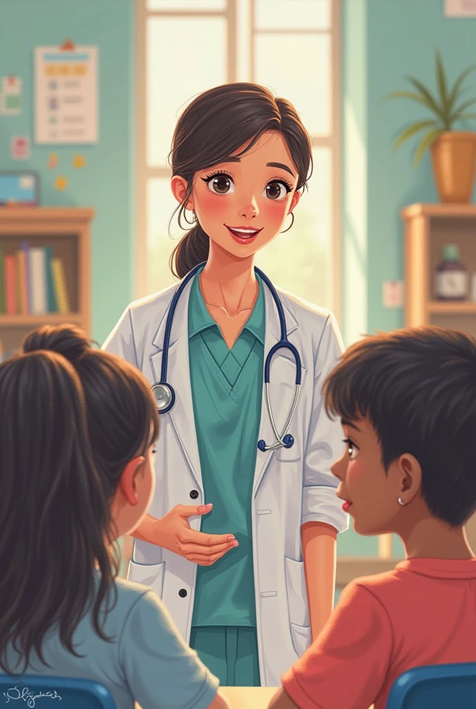 Psychologist with a boy and a girl standing happily