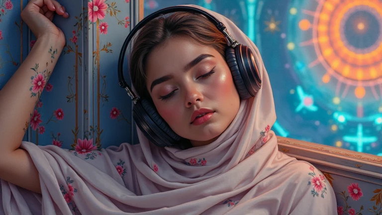 Hijab actress wearing headphones looks like