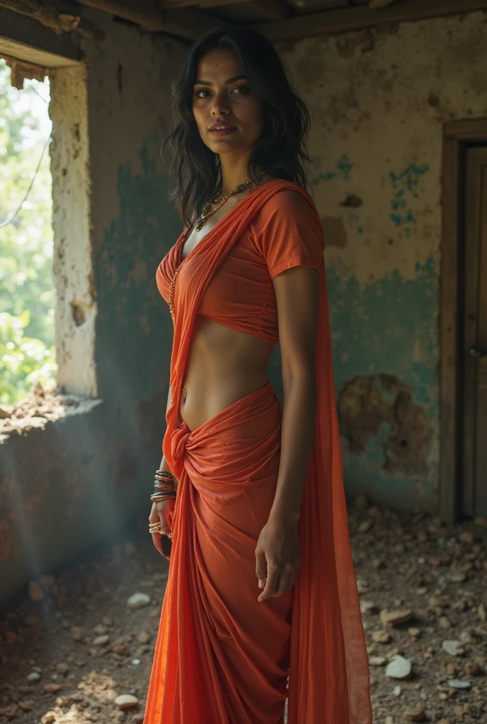 Indian 13 year old village girl in village dress dress, poor dress, beside fire site, looking sexy, hot, attractive, hot cleavage, sexy thighs, realistic, realism, detailed