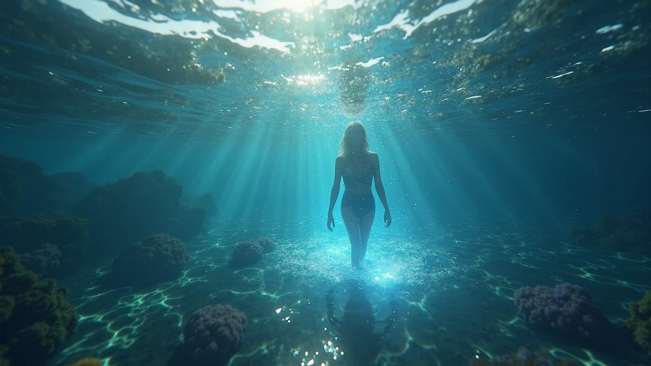 Ethereal Ocean and Cosmic Connection Foreground: Underwater: Diver: A blonde woman in a bikini with fins, mask and snorkel, surrounded by small bioluminescent creatures dancing around her, leaving trails of light. Coral reef: A colorful reef with a variety of corals and tropical fish in pulsating lights. Bioluminescent orbs: Orbs floating in the water, emitting a soft bluish light and creating mystical reflections.On the surface: Wave: A wave breaks, revealing in its swirling crests an immense iridescent blue human eye with yellow reflections. Dolphin: A dolphin leaps gracefully with a trail of stardust behind it, linking the sea and the starry sky. Sky: Starry sky: A sky with a swirling galaxy evolving into a giant blue eye, embedded in a starry sky adorned with nebulae and cosmic dust. Shimmering mist: A mist envelops the scene, lending it an ethereal quality. best quality, 8k, masterpiece, hight resolution.