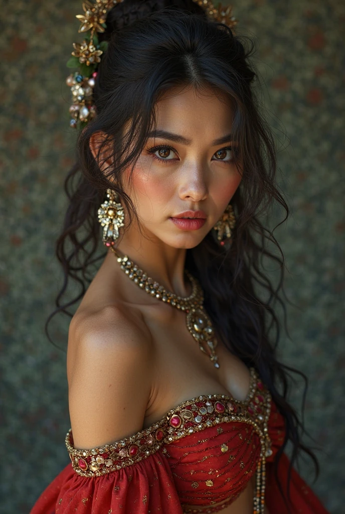 beautiful woman, lingerie model, with ornate necklace and earrings, asian woman, red one shoulder jeweled bra, hair in a high messy bun, jewelry, ornate and decorated jeweled gold and ruby bra, bodysuit, full front body
