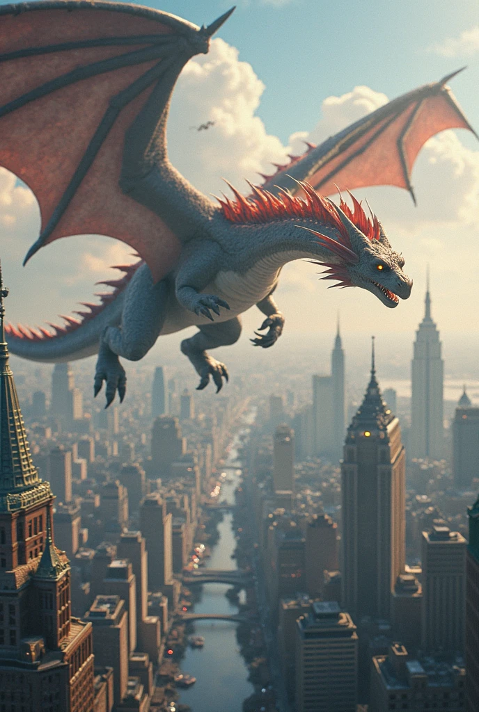 Generate an image of a Giant Red Dragon flying and breathing Dark Red Flames to a city