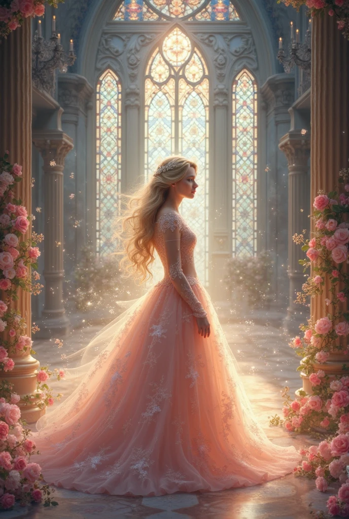 Beautiful world ((((((Fantasy novels))))) Pale pink feathers and stardust fall down Golden world The beautiful person dancing gorgeously in the beautiful and magnificent castle ((The beautiful prince watching it from afar)) (((Love story)))) His costume is a luxurious and beautiful dress from medieval Europe An incredibly handsome prince The Mirror Room, where the chandelier shines