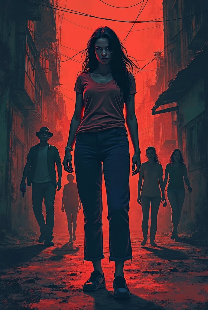 A woman clothes stained with blood, hand holding knife, carry a backpack. The area is Thai urban street with tuk-tuk car behind. Zombies are around trying to reach her