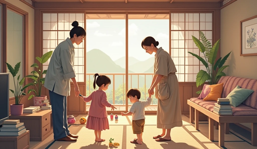 A warm and nostalgic Studio Ghibli scene showing a family with two daughters and a son. The parents, looking tired but loving, focus all their attention on their youngest daughter, Sofia, who is sitting in the center surrounded by the best, such as gifts and medical treatments. In the background, a girl and a , a little forgotten, observe the scene with a gentle smile, feeling distant but receptive. The atmosphere is cozy, with soft lighting, giving a feeling of bittersweet warmth.