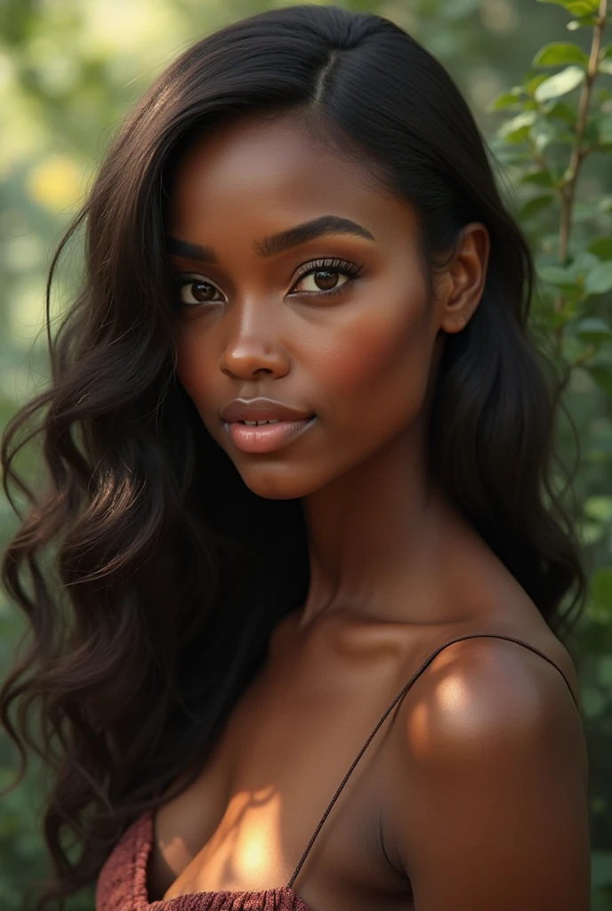(photorealism:1.2),black woman, green eyes, prominent nose, long straight black hair with shiny waves, woman is SydneJHaper com imaanhammam,Naked, smiling 