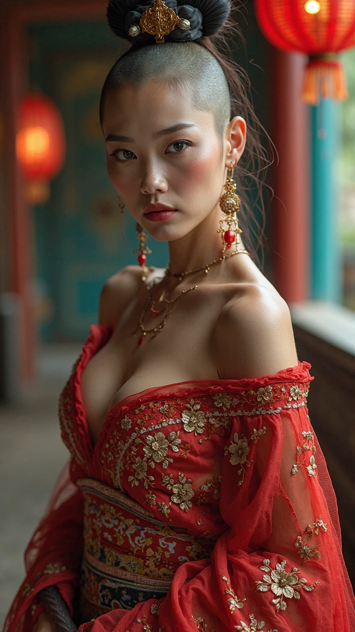 portrait of a beautiful 20 year old holy woman, wearing a thin multicolored silk dress, beautiful face without blemishes, ((natural smile:0.3)), Mouth closed, ((7-color hair length:1.2)), big crown, hair brooch, hanfu dress, chinese ancient style, full body jewelry, forehead tattoo, super even chest, face, red lips, delicate pink and white eyes (white and detailed) cinematic, light and dark, dramatic lighting, magical light, extremely detailed light, true color, super sharp, realistic, 8k quality, fantasy universe background, saints and magical space, the most detailed images, Exhibition photo, awarded, Eye-catching bright tone effect,