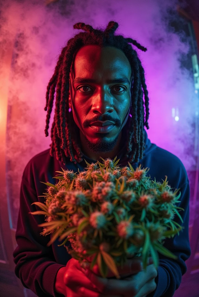 A man with a tin head made of marijuana and a black background