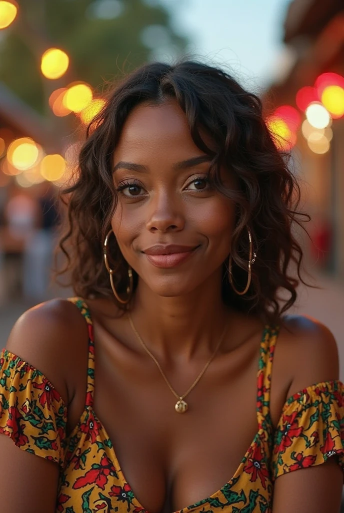 Imaginez tout le corps d'une superbe influenceuse numérique de 23 ans, with a radiant smile, brown skin, et des yeux verts captivants. She wears vibrant peach colored curly hair, complété par un maquillage parfaitement assorti à la palette de couleurs. Decorated with maxi earrings'ears, she is quite confident, portant un mailot de bain 2 pièce, full body with legs, she is lying on a sofa'Accra Ghana