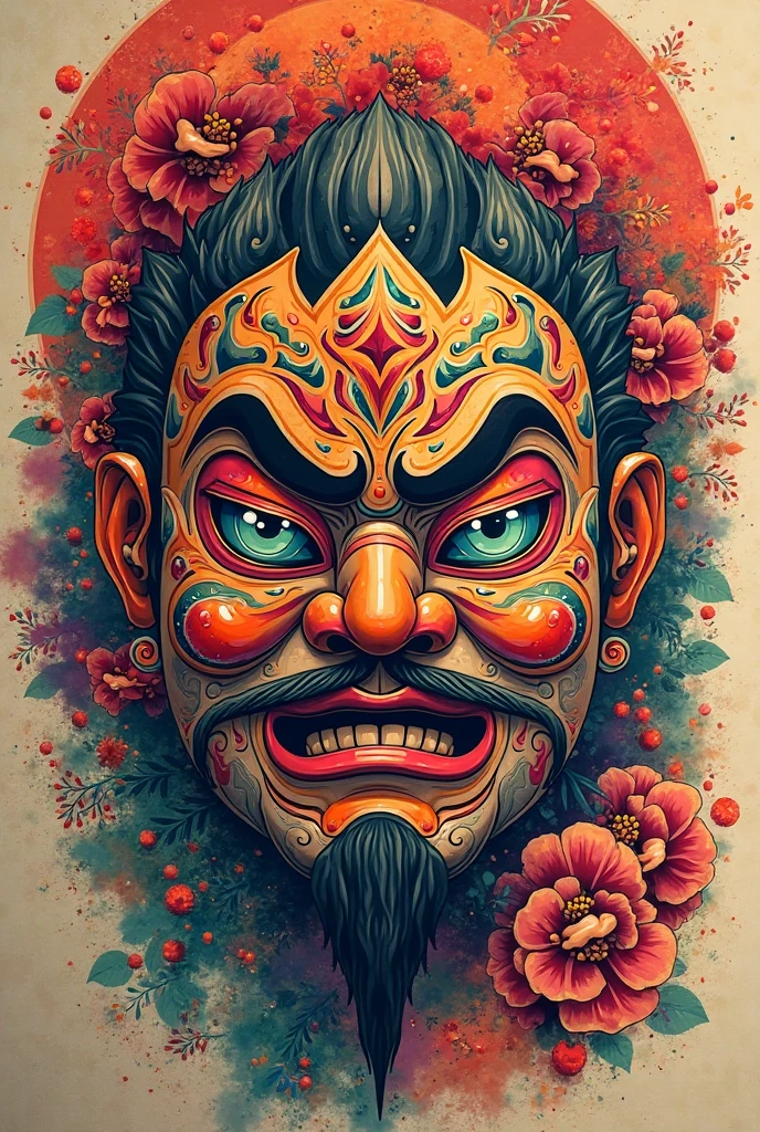 Create a sketch for a Japanese-style hanni mask tattoo, with very ...