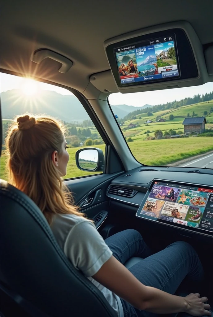 In car jannt movie song play in display and couple drive 
